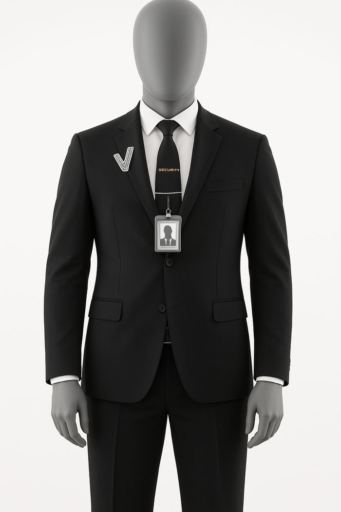 Costume noir, chemise blanche, cravate et badge SECURY3